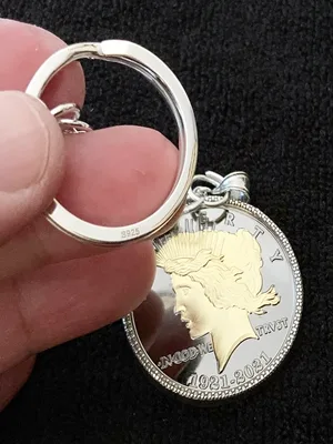 100 YEAR Anniversary Ruthenium (1921-2021) 24K Gold Leaf PEACE Dollar Keychain