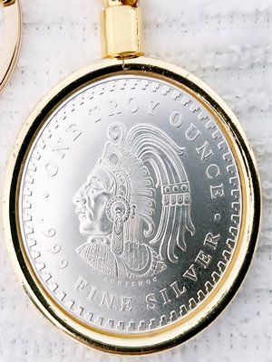 1 Oz Solid Silver (GOLD Bezel) Aztec Keychain ~ Aztec Warrior/King Cuauhtémoc