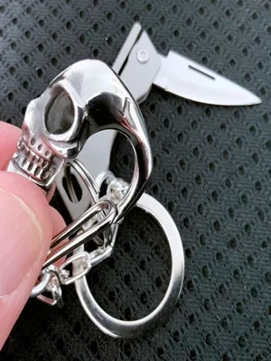 Titanium Skull Carabiner/Titanium Mini Knife (Silver) Keychain
