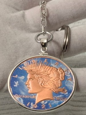 Beautiful One Ounce Copper *BLUE SKY* Peace Dollar S925 Bezel Keychain