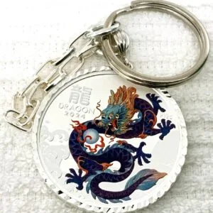 Purple Lunar DRAGON Diamond Bezel S925 Sterling Silver 1 Oz. Silver Coin Keychain