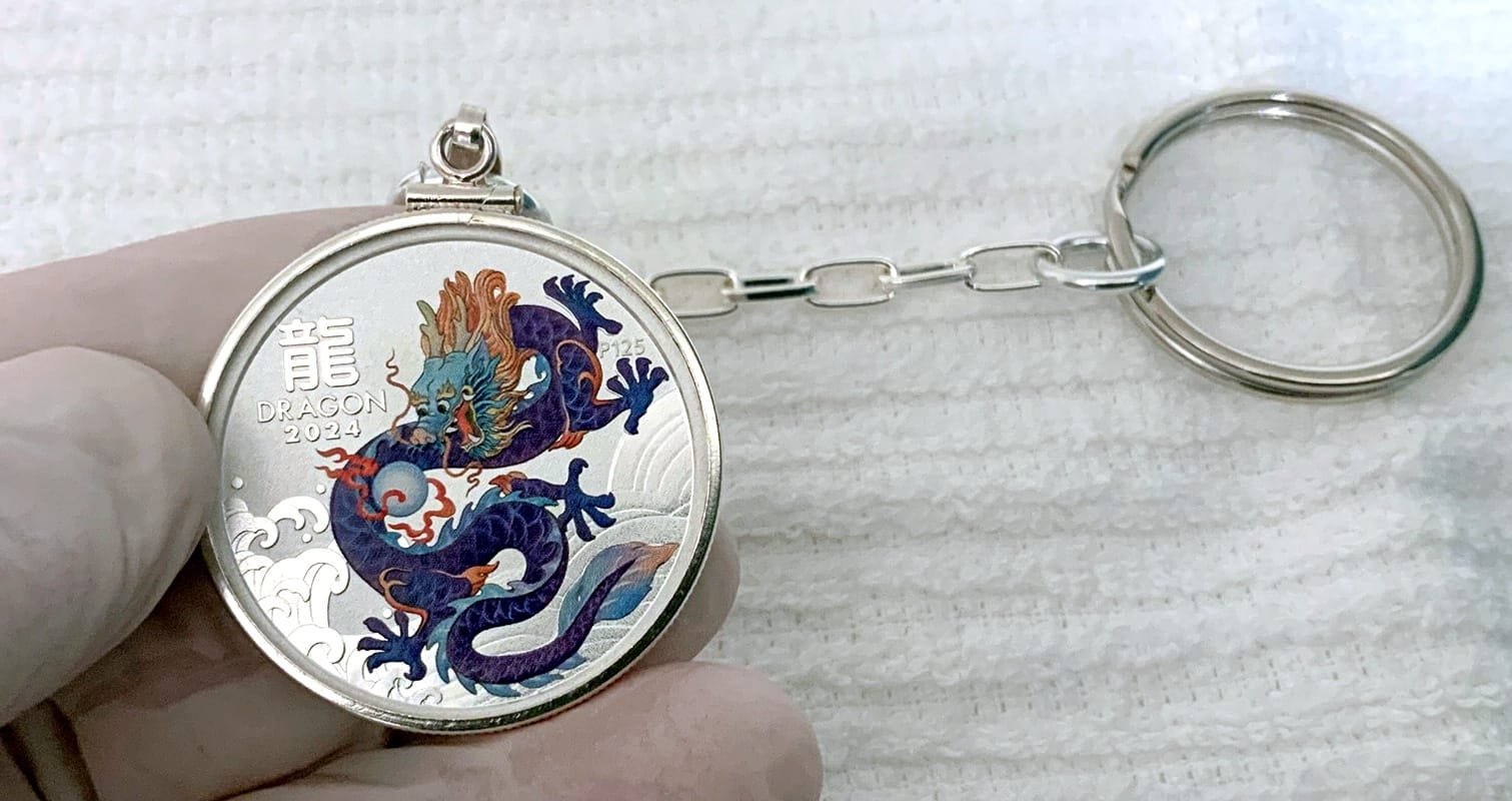 Purple Lunar DRAGON S925 Sterling Silver Bezel 1/2 Ounce Silver Coin Keychain