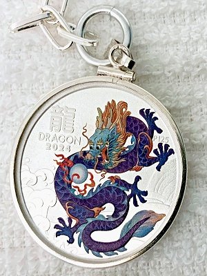 Purple Lunar DRAGON S925 Sterling Silver Bezel 1/2 Ounce Silver Coin Keychain