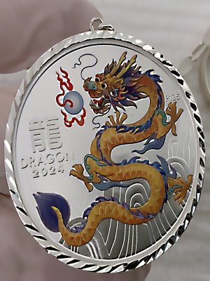 Gold Lunar DRAGON Diamond Bezel S925 Sterling Silver 1 Oz. Silver Coin Keychain