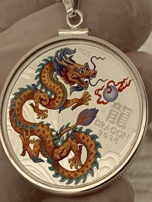 Gold Lunar DRAGON S925 Sterling Silver Bezel 1/2 Ounce Silver Coin Keychain