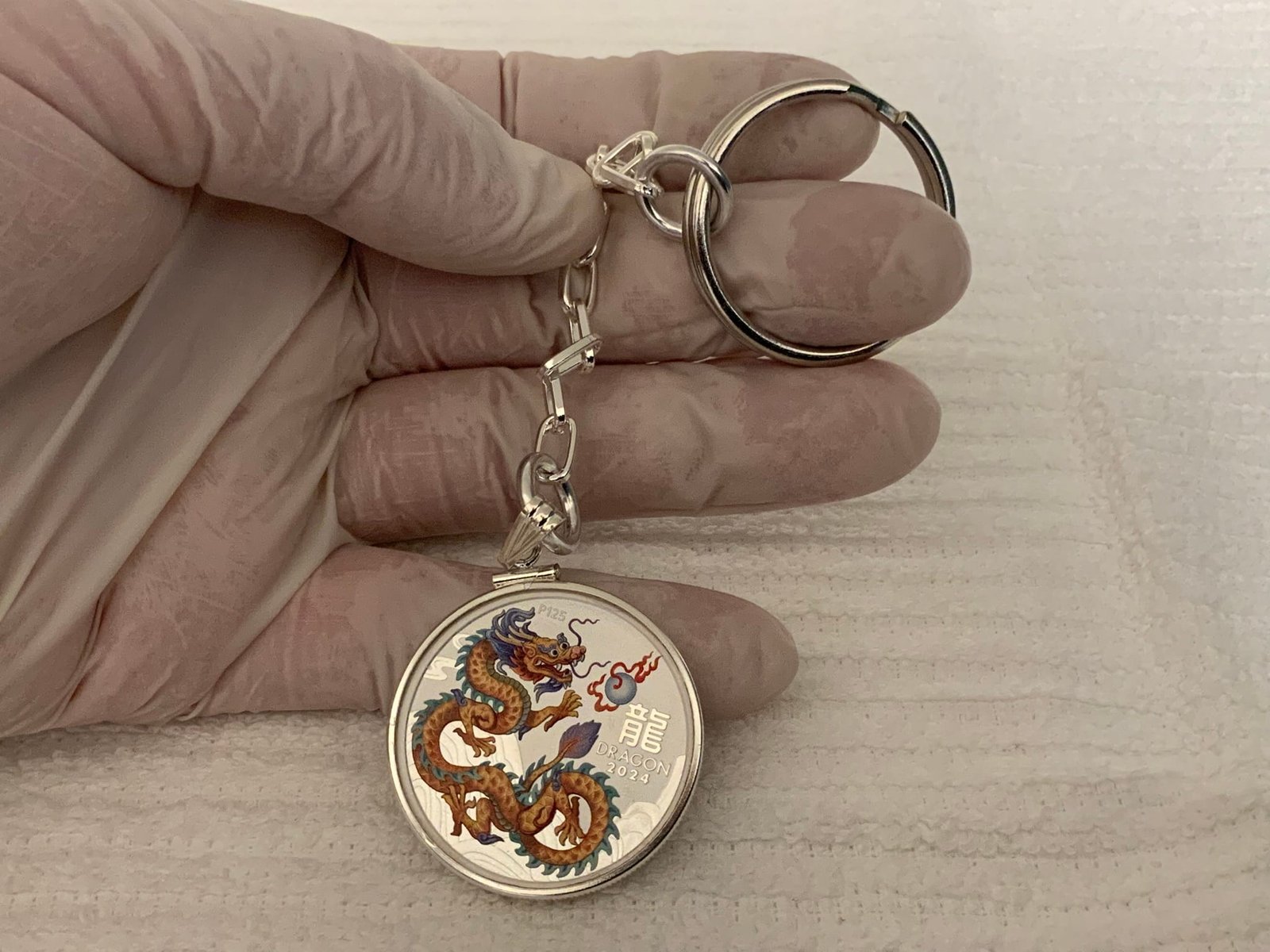 Gold Lunar DRAGON S925 Sterling Silver Bezel 1/2 Ounce Silver Coin Keychain - Image 2