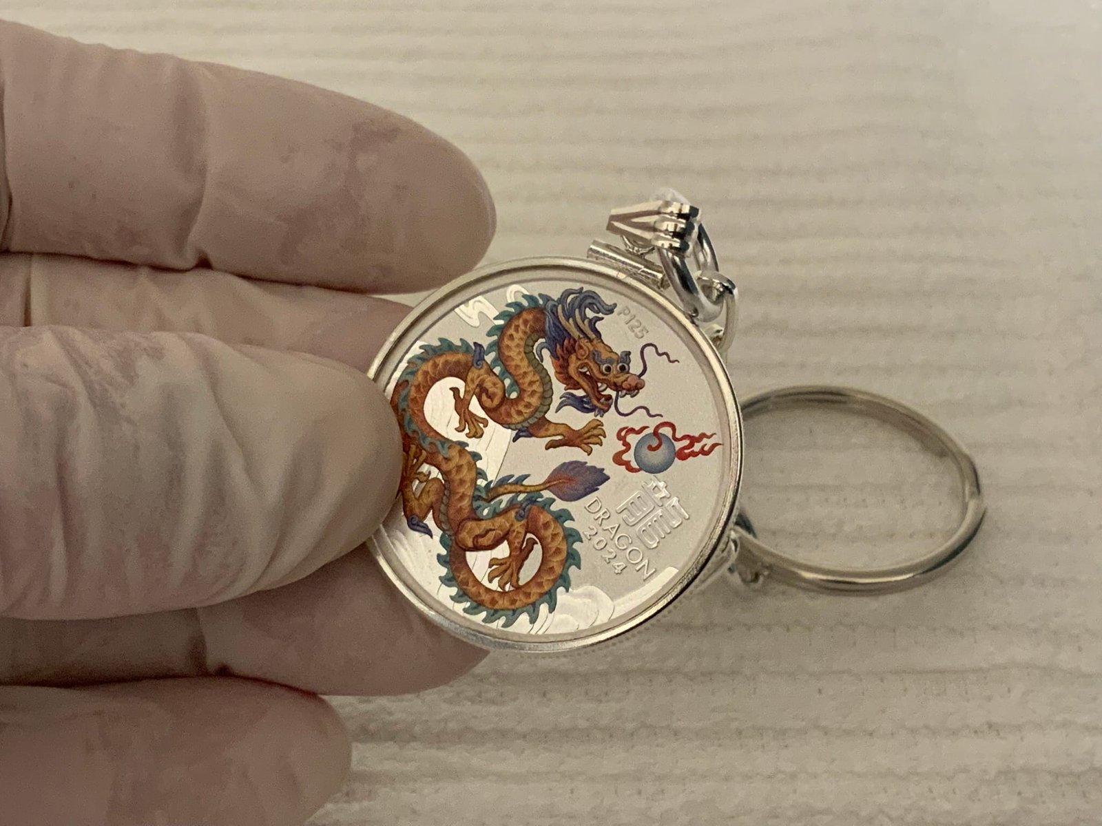 Gold Lunar DRAGON S925 Sterling Silver Bezel 1/2 Ounce Silver Coin Keychain