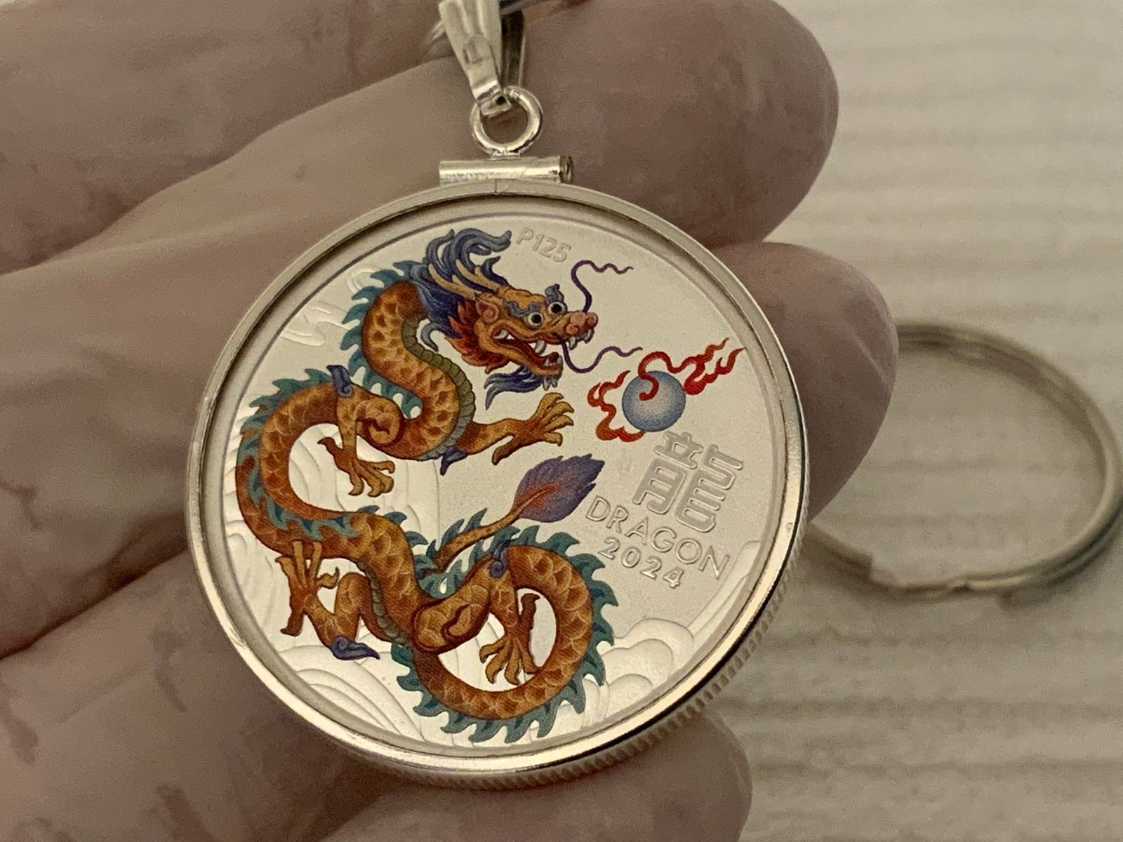 Gold Lunar DRAGON S925 Sterling Silver Bezel 1/2 Ounce Silver Coin Keychain - Image 3