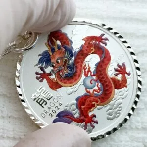 *COOL RED DRAGON* Diamond Bezel S925 Sterling Silver 1 Oz. Silver Coin Keychain