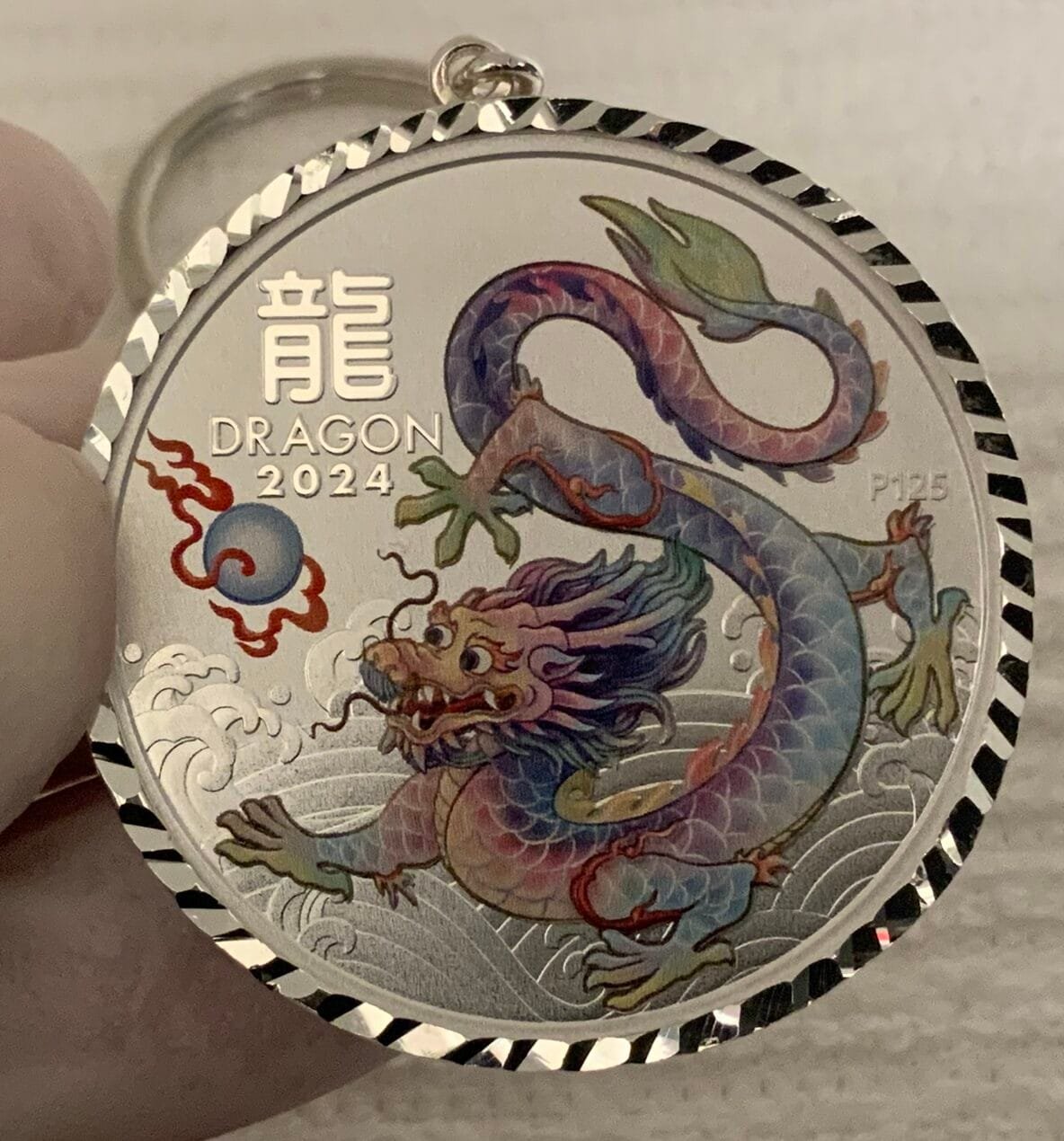 BEAUTIFUL/STUNNING *WHITE SILVER* Dragon (S925) 1 Oz. Silver Coin Keychain - Image 3