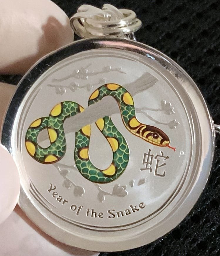 2013 (GREEN) COLORED LUNAR SNAKE (ALL S925 ~ 1/2 Oz. 0.999) Silver Coin Keychain