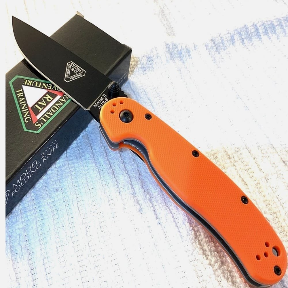 Ontario: RAT 2 AUS-8 *BLACK STEEL BLADE* Orange Grip Handle (G10)