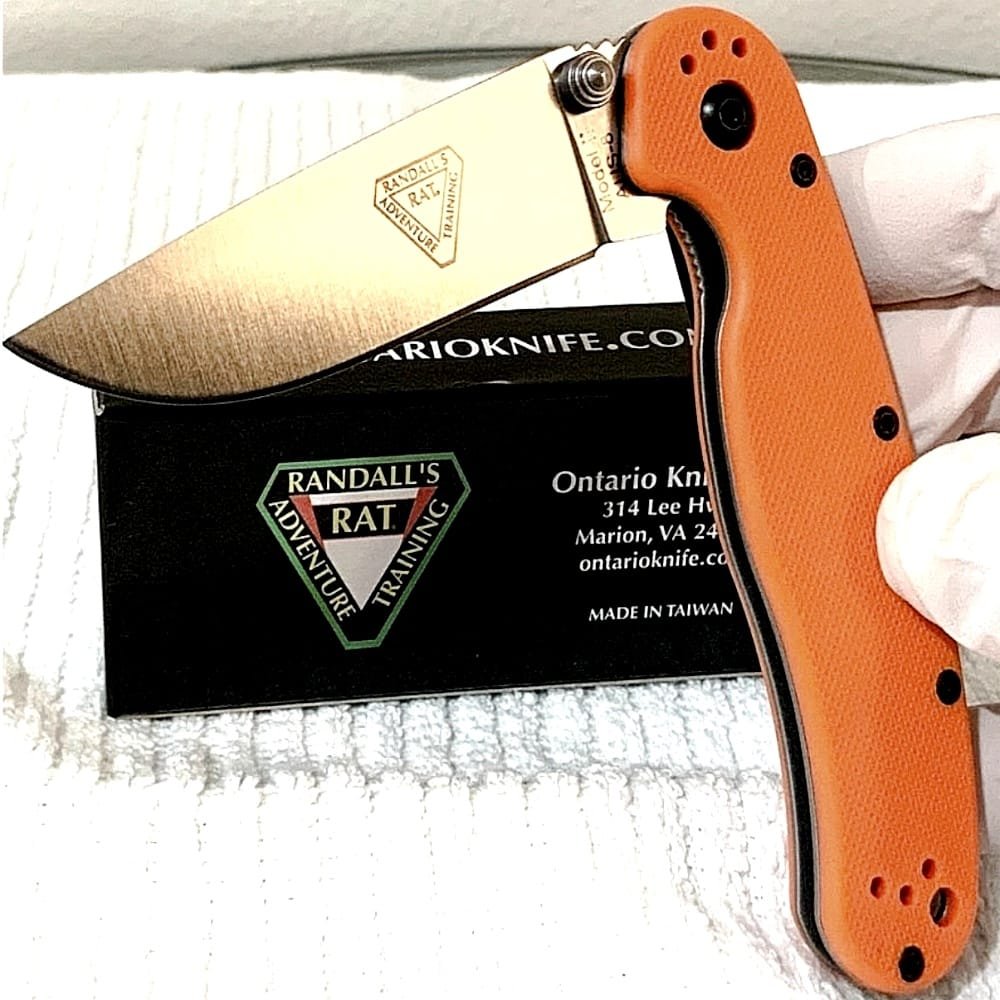 Ontario: RAT 2 AUS-8 *SILVER STEEL BLADE* Orange Grip Handle (G10)