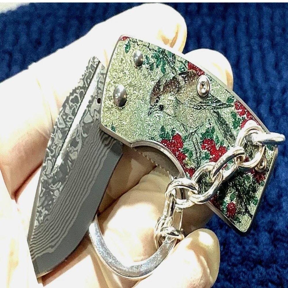 G. Sakai Little Bird Design San Mai Damascus Money Clip Sterling Silver Keychain