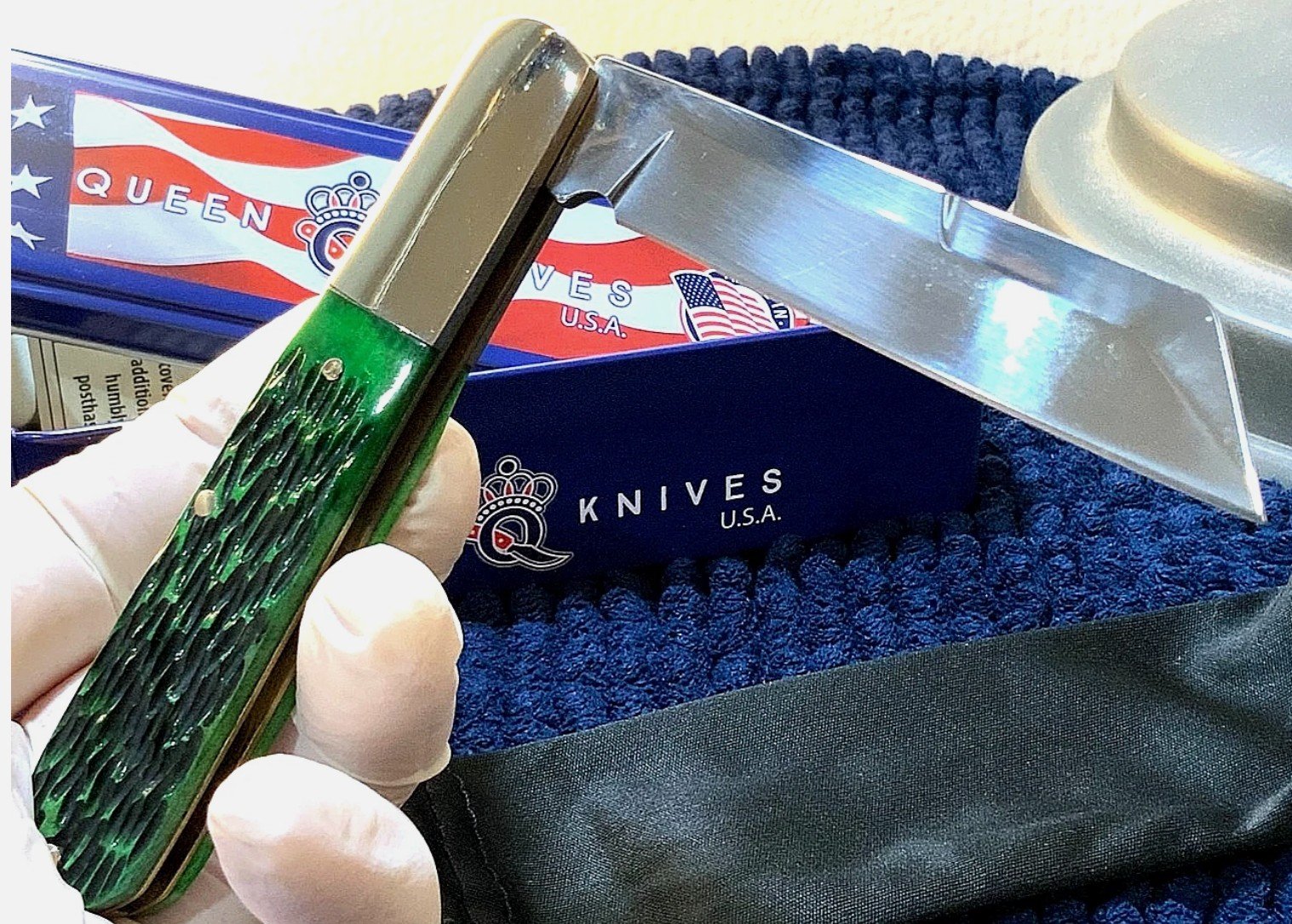 Queen Barlow Polished 1095HC Steel *GREEN* Peachseed Bone Pocket Knife QGPS180 - Image 6