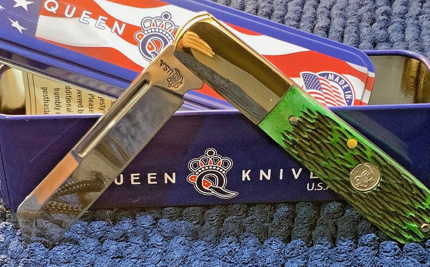 Queen Barlow Polished 1095HC Steel *GREEN* Peachseed Bone Pocket Knife QGPS180 - Image 5