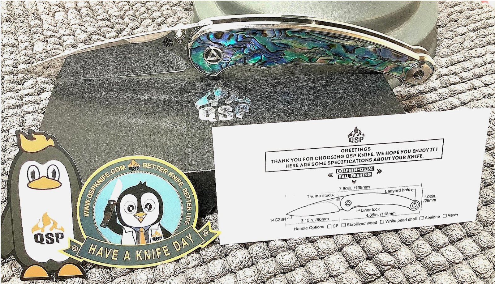(QS161-D) Dolphin - 14C28N Sandvik Blade - Abalone Inlay - Pocket Curve Knife - Image 6